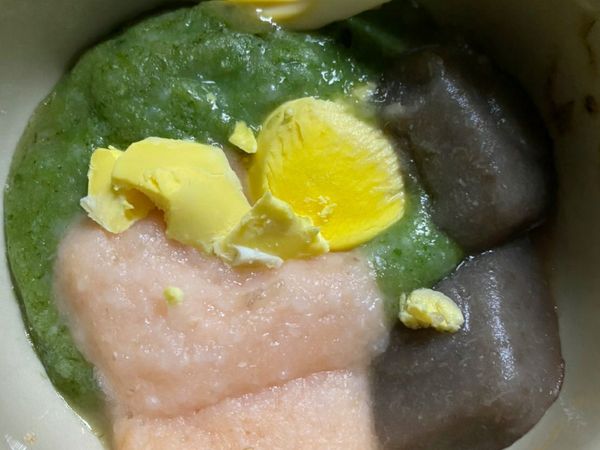 冰磚一樣放電鍋蒸一蒸，蒸的時候可以旁邊放一顆蛋順便蒸熟，蛋白給大人吃，蛋黃給寶寶吃XD