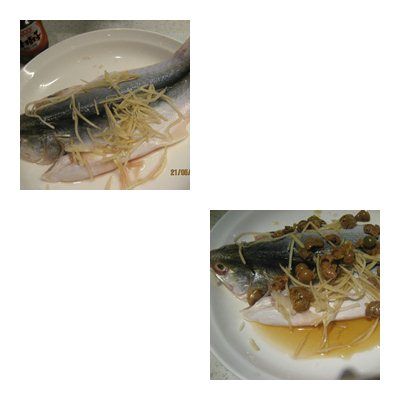 將薑絲及甘樹子鋪在魚上(甘樹子要捏破唷)再淋上甘樹子湯汁。