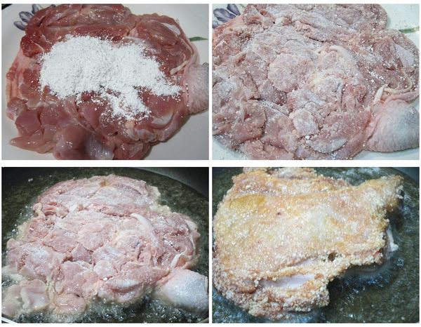 起油鍋，加入足可蓋過一半肉片高度的油燒熱後，轉中火。兩面撒上地瓜粉的雞腿提起，抖掉過多粉料。以雞皮朝下入鍋半煎炸約5分鐘表皮上色後翻面再炸5分鐘，最後開大火逼油後起鍋，以紙巾鋪底吸油。
