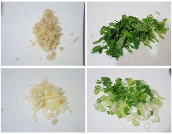 [醬料B]薑、香菜、蒜及蔥切成末盛裝起來。