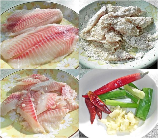 備齊所有食材~魚片洗淨擦乾,切成適當大小塊狀+[魚肉醃料]醃漬約15~20分鐘後分別均勻沾裹地瓜粉,待其反潮~(炸的時候才不容易掉粉!)蔥.辣椒洗淨切段.切片,蒜頭切末or切片皆可。