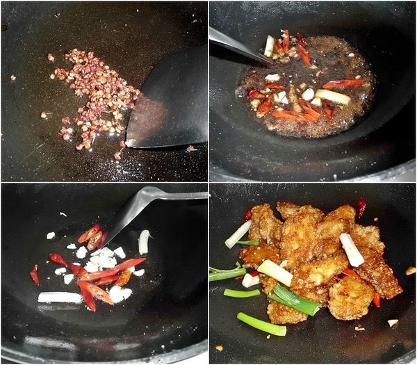 再起油鍋~倒入適量油,冷油即可放入花椒粒以中小火慢慢爆香花椒粒,香氣釋出後即可將花椒粒撈除..留下花椒油再爆香蔥白.辣椒.蒜末~香氣出後嗆入米酒→倒入拌勻的[醬汁材料]煮開後..將炸好的魚片倒入醬汁中,快速翻拌均勻~讓每片魚片皆均勻地沾裹上醬汁,起鍋前撒下剩餘的蔥段即可美味上桌嘍!