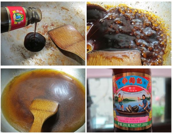 原鍋入【李錦記舊庄特級蠔油】、醬油燒至起泡出醬香味後，倒入500ml清水及味霖，一邊用鍋鏟輕輕撥下鍋壁附著的淺黃色物體，直至完全融化於湯液中。(這是炒洋蔥生成的自然糖分，是美味來源喔！)