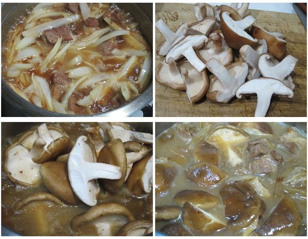 加入炒過的洋蔥絲，煮透收汁至適當。再放香菇煮滾。