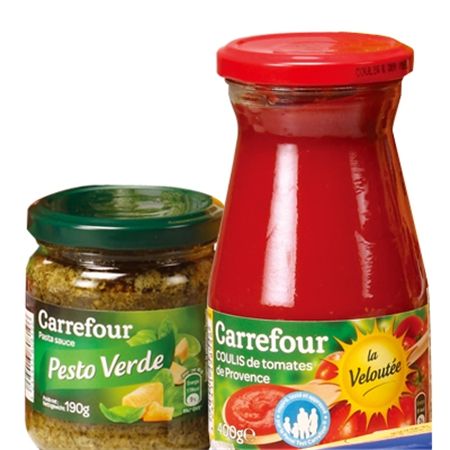 《家樂福精選進口商品》

右圖為家樂福義大利麵醬(紅醬) - 350~420g一瓶 家樂福法式芥茉子醬 - 350g一罐 法式芥茉(子)醬除可以調配成沙拉醬汁搭配生菜食用，亦可調成沾醬搭配烹煮好的肉類(雞、豬、牛、海鮮)，或直接可當成醃料抹於肉類商品。
