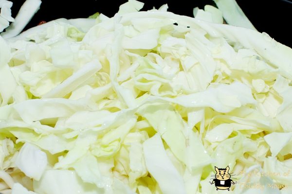 加入快熟的麵條與高麗菜，適量的煮麵水，蓋鍋小火悶煮1分鐘至高麗菜軟。