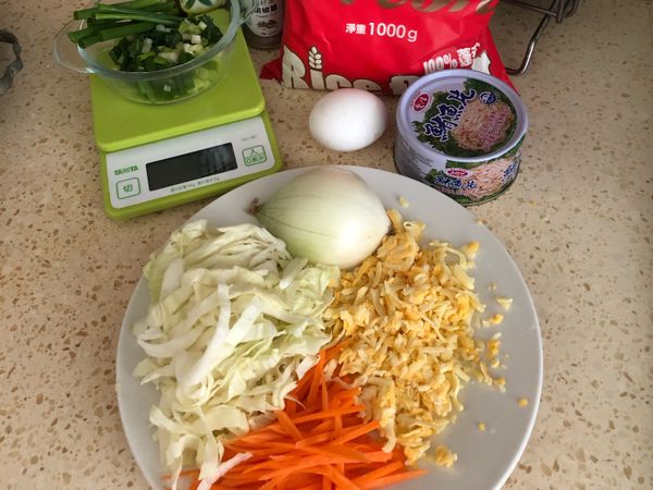 高麗菜、洋蔥、紅蘿蔔切絲，青蔥切成蔥花備用