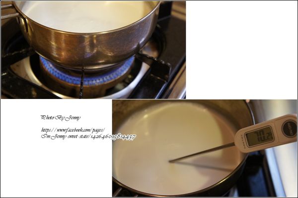 將牛奶倒入鍋中，小火加熱至70℃ ~ 80℃後離火。
