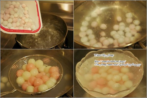 小湯圓放入滾沸的水中，煮至浮起後撈出浸泡冰水。