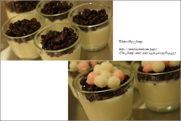 把蜜紅豆平鋪在奶凍上，上方再放些小湯圓即完成。