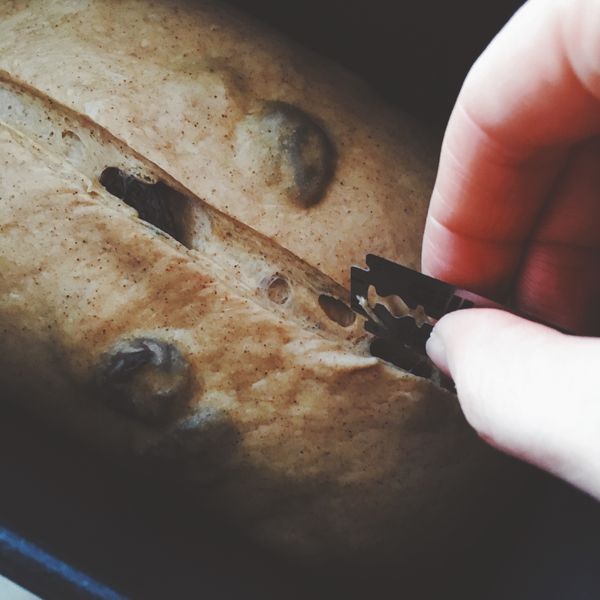 吐司表面從頭到尾劃一道深度約為5mm的縫，塞上黃油塊。