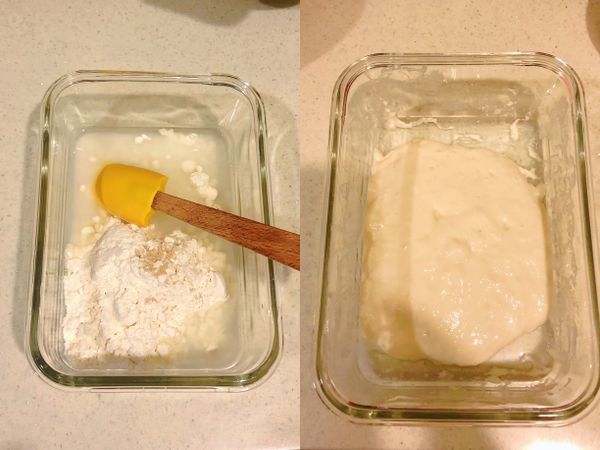 準備液種(波蘭種）：50g麵團+50g水+酵母攪拌均勻即可，先放置在室溫下發酵1小時後放入冰箱冷藏12～48小時（至少12小時）。