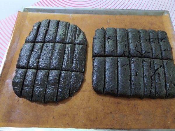 先準備奶粉和砂糖,倒入熱水拌勻,然後加植物油後攪一攪,最後加入低粉及芝麻粉(先混合),成糰後舖在烤盤上,整成方型,畫線方便分割,若太軟可冷凍5分鐘再整型畫分,用170度烤15分即可