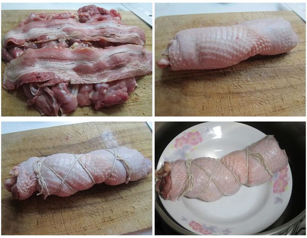 雞皮朝下，鋪上培根肉後捲起，並以棉繩將之綑綁固定，綁好後將兩端整理，凸出來的部分塞入整齊。沸水蒸熟約20分鐘。