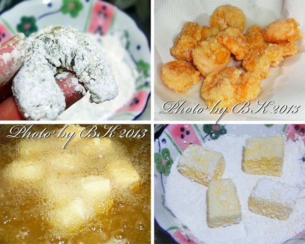 步驟1醃好的蝦仁及芙蓉豆腐均勻沾上打散的蛋汁，再裏上地瓜粉，進油鍋炸至金黃即可起鍋瀝油備用。