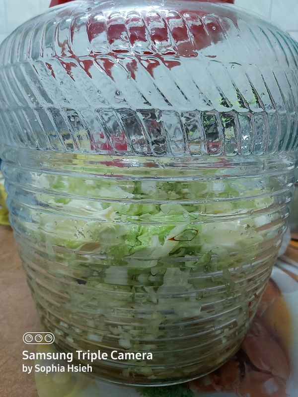 將菜放入玻璃罐中，加入糖，醋,大約1週可食用