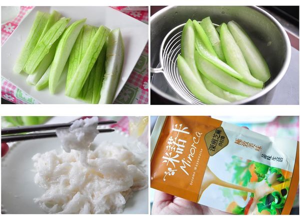 將絲瓜取翠綠邊緣切細長條狀，(中間的絲瓜棉及籽切除後可以再利用煮湯吃)滾水川燙備用，日本山藥則以刨刀刨成細絲，另外使用現成的深煎芝麻醬沙拉