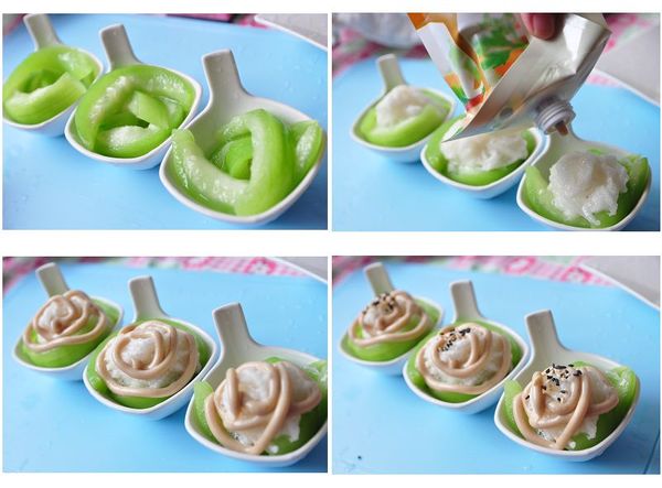 將川燙後的絲瓜放置稍涼後擺入小碟中，再擺上山藥絲於中間，並擠上芝麻醬沙拉，最後灑上少許的黑白芝麻