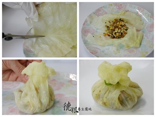 放涼的高麗菜葉平鋪 (內面向上) ，根部較硬的梗用剪刀剪掉，將步驟5已炒好的料，放上包在中心，提起高麗菜葉四周，緊密握住如提袋，然後將燜熟芹菜梗綁上，放盤即可食用。