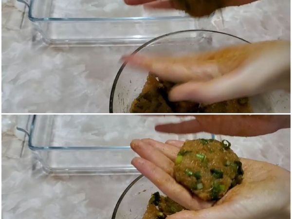 二、﻿
將肉餡均等分成6份，一一取出塑型成扁圓肉排，厚度約1公分，於雙手之間來回拋擲數下，讓肉排更紮實，下鍋煎就不會容易散掉。
👉塑型完成，至少靜置30分鐘使其入味，再下鍋煎。