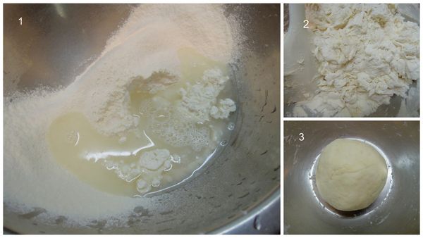 麵皮的部份：1. [水餃皮]的材料全部放入大鍋中。2. 用刮刀攪拌均勻。3. 用手揉成糰，可摔打到麵糰表皮稍微光滑。用保鮮膜蓋好，醒麵15分鐘。