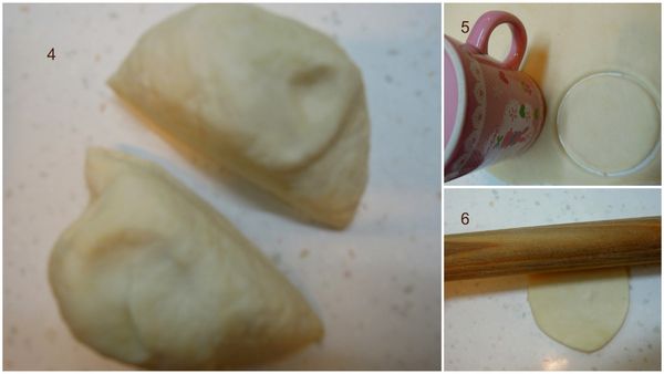 麵皮的部份：4. 將麵糰切成兩塊或四塊。5. 麵皮桿開，用杯子或模子壓麵皮。6. 將麵皮用桿麵棍稍微再桿開ㄧ些。比較好包。多餘的麵糰，重新搓圓，再重新取麵皮的動作。p.s.也可直接切小麵糰(劑子，約12g)，用桿麵棍桿開。