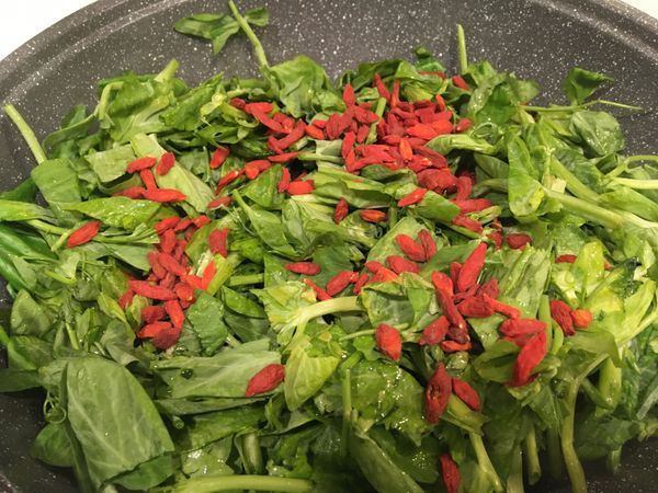 炒鍋內先放芥花油1匙，熱鍋後放入切好的豆苗，枸杞，加入鹽巴半匙，中火炒5分鐘，搞定。