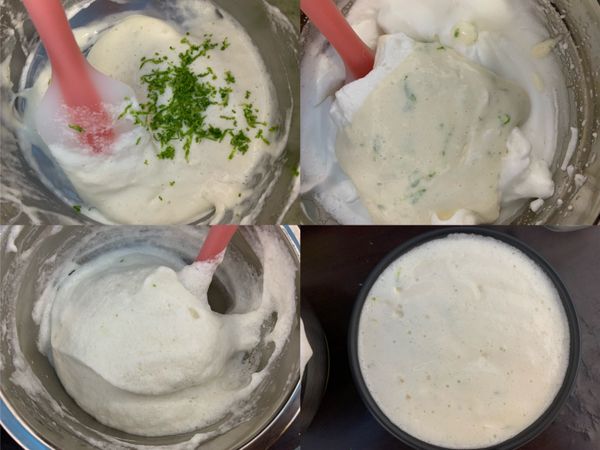 將打發的蛋白拌入至牛奶麵糊中，
並加入檸檬皮屑和檸檬汁快速攪拌混合均勻

準備六吋烤模
烤箱預熱170度10分鐘，烤25-30分鐘