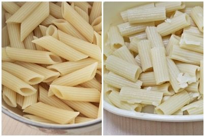 湯鍋裡放水7分滿加一瓢鹽，水滾放義大利麵，

煮熟後取出放涼，用刀把二端切平成水管狀。