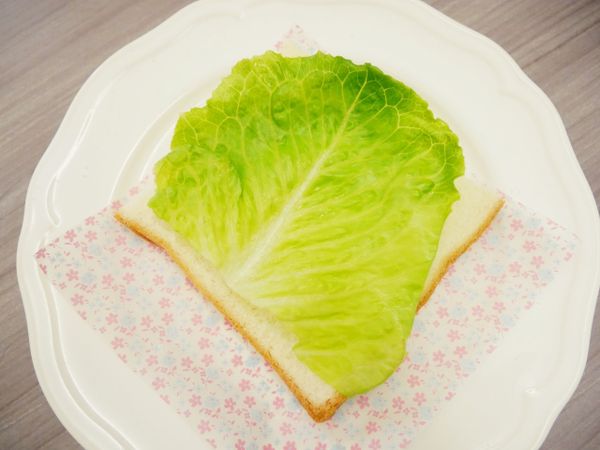 準備好吐司（兩邊吐司去邊）後先疊上生菜。