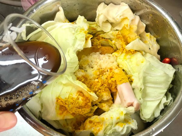 放入高麗菜以及所有的調味料