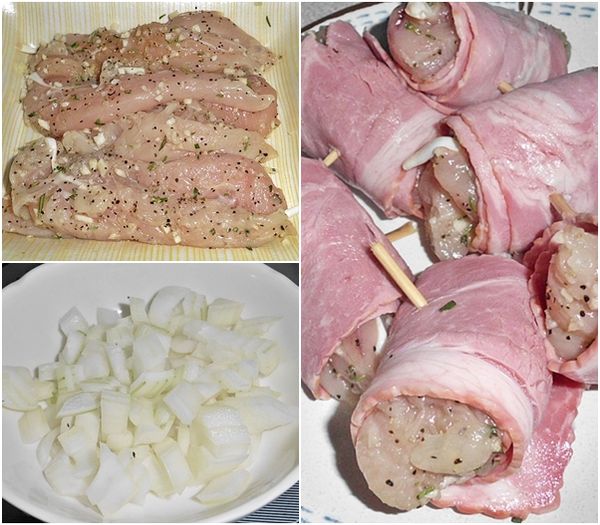 備齊所有食材~雞柳洗淨擦乾+【醃肉調味料】抓拌均勻醃漬片刻..
洋蔥切末，將醃漬入味的雞柳條一切二..分別以一片培根捲起備用。