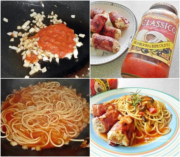 再起油鍋~橄欖油爆香洋蔥末炒香洋蔥末略軟後..倒入【Classico®蘑菇橄欖口味】意大利麵醬炒一下下..再倒入高湯煮開~
加入鹽糖調味後，接著將煮好的麵條放入略煮一下..讓麵吸附醬汁後即可盛盤~再放上煎好的培根雞肉捲擺盤即可。