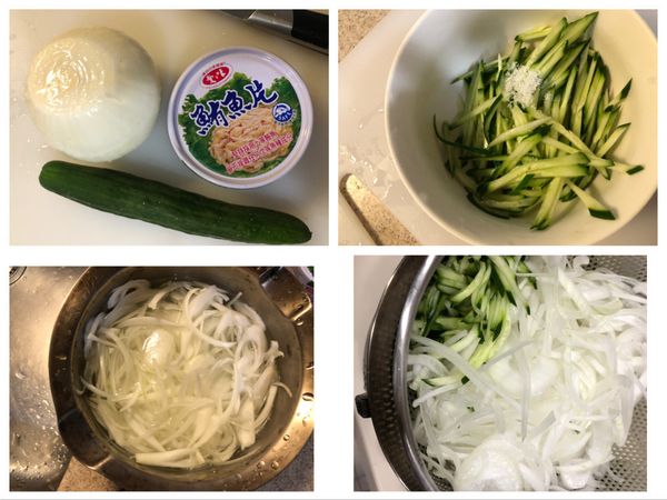 洋蔥切絲泡 冰開水
小黃瓜切絲少許鹽抓一抓
小黃瓜出水後用開水沖洗
跟洋蔥一起瀝乾備用