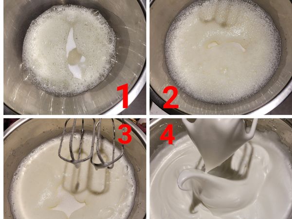 烤箱先上下火預熱150度。
將冰蛋白用電動攪拌機打出些許泡沫後，加入1/3的細砂糖及檸檬汁，再加入第二次的三分之一的細砂糖，繼續攪拌到泡沫變細緻，最後加入剩餘的細砂糖，打至濕性發泡，有小彎勾即可。