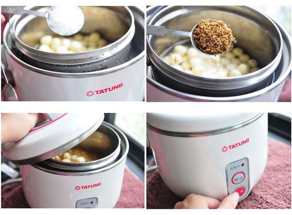 加入4大匙的冰糖和1大匙的桂花，再倒入400cc的熱水(冷熱水皆可，放熱水除了可快速蒸熟也可以更鬆軟)，外鍋1.5米量杯水，輕輕按下電源燉煮囉!