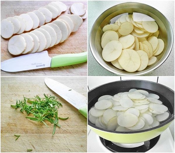 馬鈴薯刷洗乾淨(不去皮) 切成約0.3公分的片狀~迷迭香洗淨瀝乾..切碎末備用。將馬鈴薯片沖洗數次..洗掉釋出的澱粉質~煮一鍋水..水開後~ 將馬鈴薯片放入滾水中煮約3~4分鐘..
須立刻撈出..切忌煮過久..不可將馬鈴薯片煮軟了
(水滾後放入薯片..建議使用"計時器"計時^^)