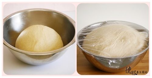 將麵糰搓揉均勻，放入盆內，蓋上保鮮膜進行基本發酵約60分鐘，麵糰發酵約兩倍大。