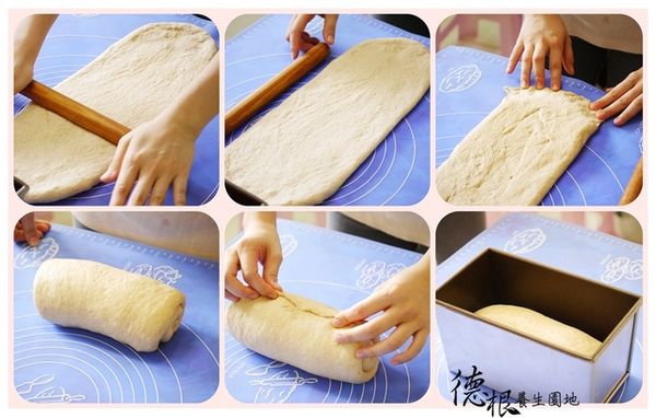 麵糰擀成寬約20公分的方型，再輕輕捲成圓柱型，收口朝下，放入吐司烤模內〈若感覺麵糰太乾，可稍噴一些水保濕〉蓋好上蓋進行最後發酵約60分鐘