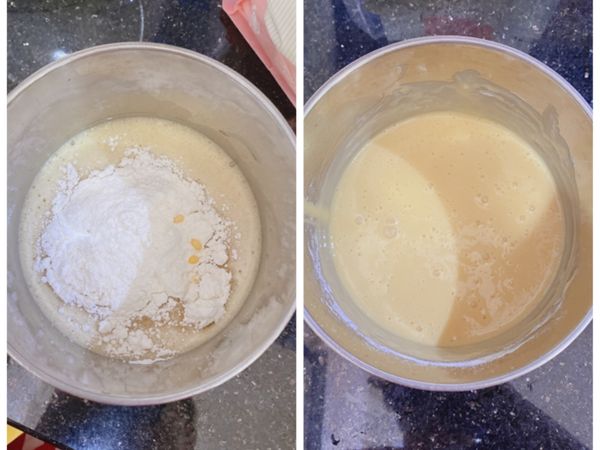 再加入低筋麵粉，攪拌均勻