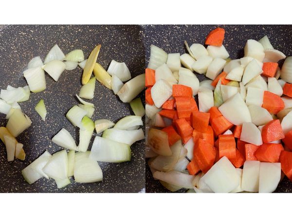 薑、洋蔥🧅爆香，再加入紅蘿蔔🥕、馬鈴薯🥔炒到有點焦焦的