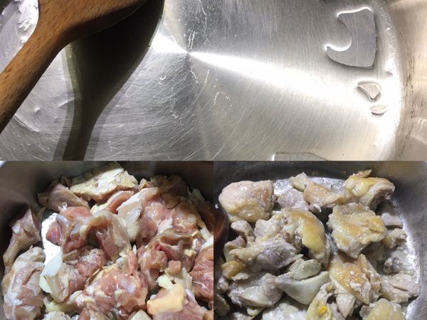 鍋內倒點油，將雞肉皮朝下放入鍋中稍微將二面煎焦黃後先盛入盤中