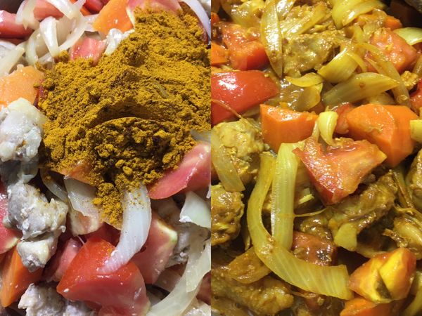 將咖哩粉，薑黃粉，紅椒粉，一小匙鹽及一茶匙蠔油倒入鍋中全部拌炒均勻至上色。