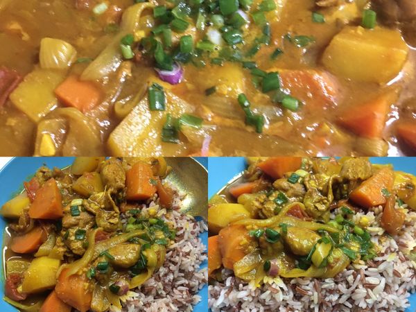 要吃飯前再開中火煮沸並灑上蔥花後熄火。  可以裝盤了。  濃郁的咖哩香氣帶著辛辣跟市售的咖哩塊風味完全不同啊真的好吃。