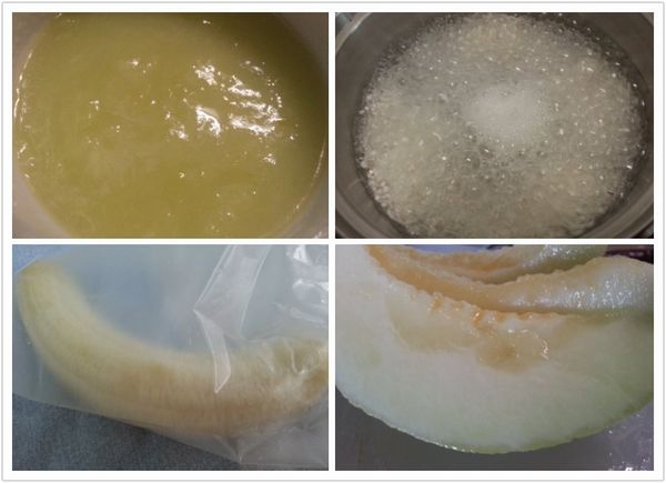 蜜瓜打成泥狀，香蕉放入袋子壓成泥。將部分的蜜瓜切丁狀待用。鍋裡煮滾熱水加入西谷米不時攪拌煮至白色顆粒變小圈熄火。