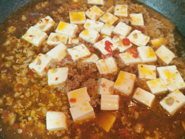 水加到豆腐的一半左右高度，不要淹過豆腐
加上辣椒增加香氣
🔥中小火煨煮