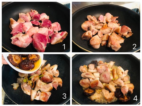鍋中倒入豬肉拌炒，（炒過的豬肉肉質緊實，且可以逼出豬肉的油脂！）炒至豬肉表皮微微焦香，此時倒入之前爆炒的香料、香菇和香菇水，並略為拌炒。