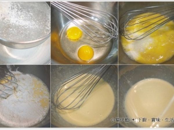 麵粉糊：
先把蛋和鹽巴攪拌均勻
再把牛奶，水加入拌勻
最後把麵粉過篩加入拌勻
麵粉糊搞定