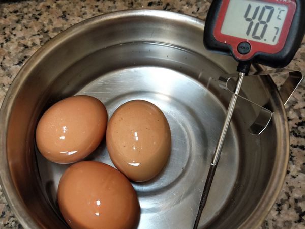 1，冷藏雞蛋放入50度上下的水溫約10分鐘
2，奶油切小塊微波35秒呈液體狀放涼備用
3，香蕉壓成泥狀
4，麵粉過篩
5，烤模鋪上烘焙紙
6，氣炸鍋180度預熱10分鐘。