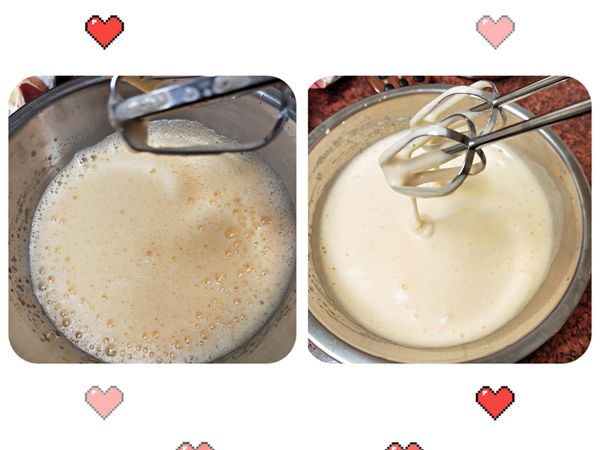 回溫的雞蛋先中速慢慢轉高速打2分鐘左右變成略有泡泡的膚色狀，再將糖粉一次加入，一樣中速轉高速打3分鐘左右，呈現有明顯摺痕的乳霜狀。